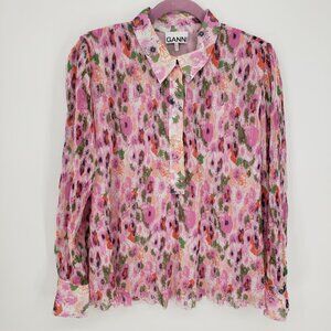 Ganni Pleated Floral Print Blouse Top 40 Womens Long Sleeves Sugar Plum Pink
